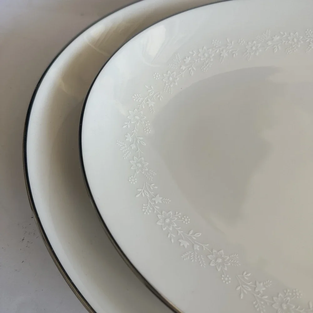 Noritake Montblanc 7257 Large & Med Oval Platters - White Floral Border on Ivory